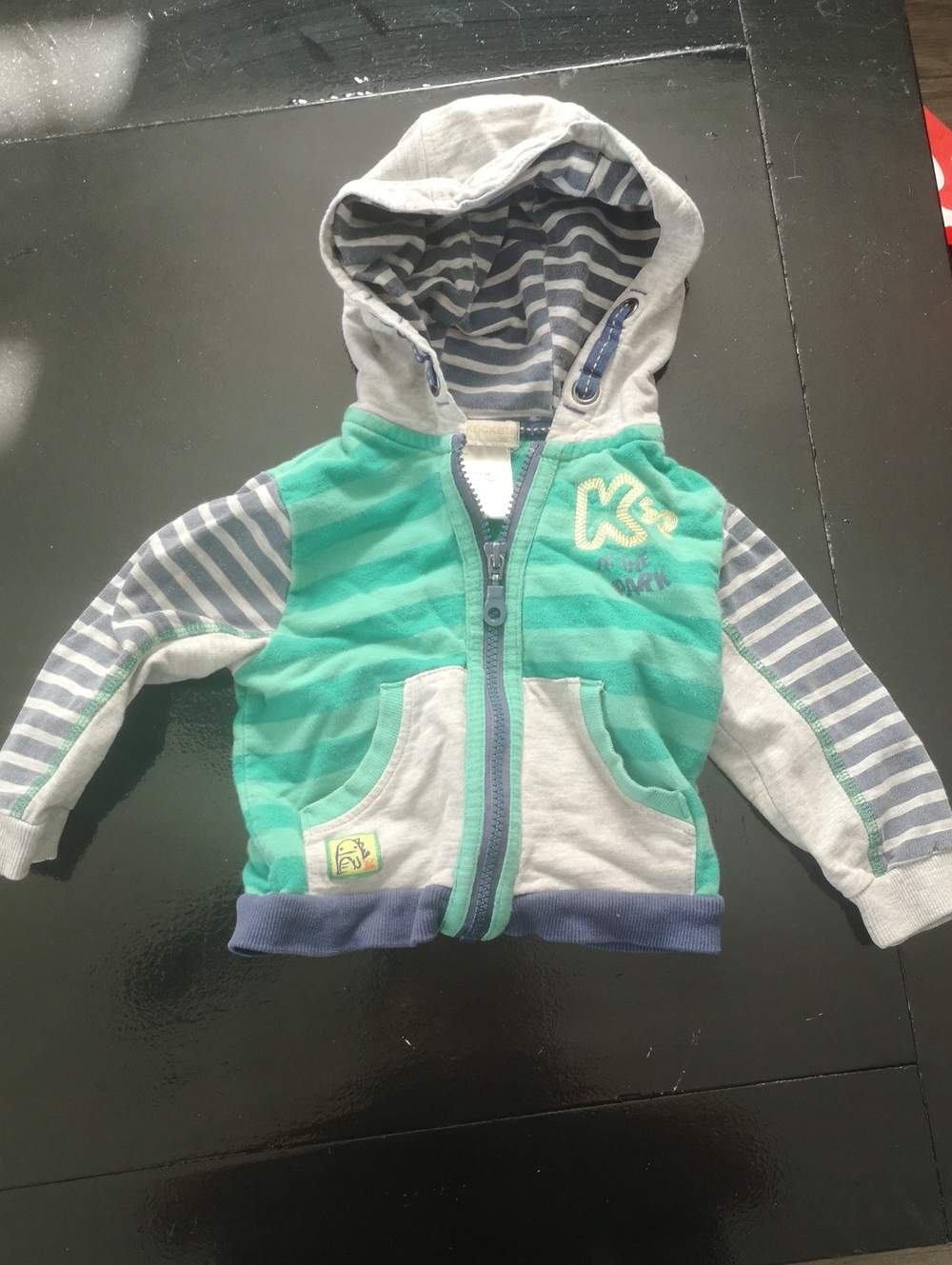 Kids Hooded Zip Jacket - Teal & Gray Stripes